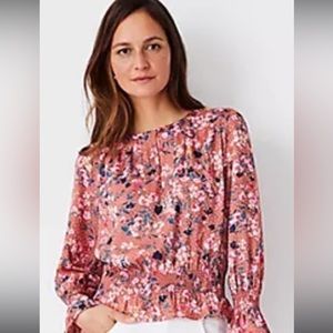 Floral Smocked Waist Blouse Pink Rose Blue Floral